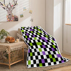 JAWO Halloween Gothic Checkerboard Throw Blanket, Purple Lime Green Black White Plaid Plush Flannel Blanket, Spooky Grid Decor Couch Bed Blanket 60X80 Inches - Image 2