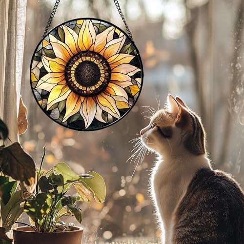 Retro Sunflower Stained Glass Window Hanging Suncatcher Gifts for Mom 15" - Image 3