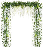 Zeyune 24 Pcs Wisteria Artificial Flowers Garland Includes 6.8 ft Artificial Wisteria Hanging Flowers 3.6 ft Fake Vines Green Pothos Leaves for Garden Outdoor Wedding Arch Decoration (White) by Zeyune