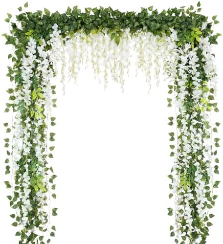 Zeyune 24 Pcs Wisteria Artificial Flowers Garland Includes 6.8 ft Artificial Wisteria Hanging Flowers 3.6 ft Fake Vines Green Pothos Leaves for Garden Outdoor Wedding Arch Decoration (White) by Zeyune