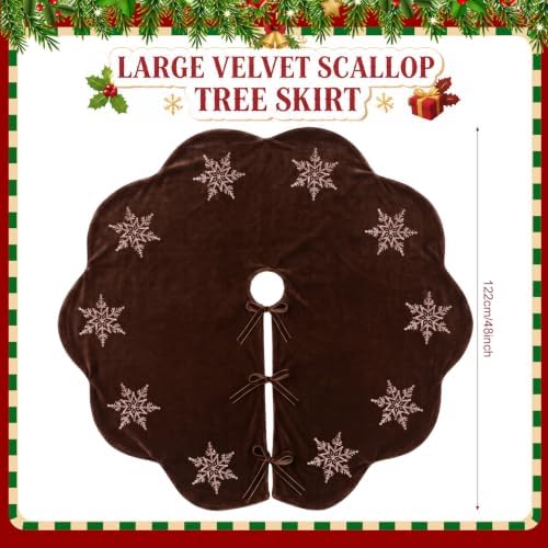 Hollowfly Brown Velvet Christmas Tree Skirt with Sequin Snowflake 48'' - Image 2