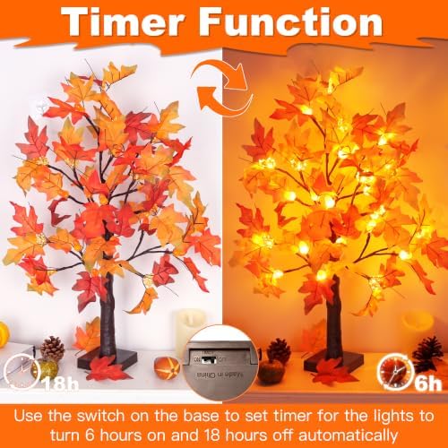 Fall Decor 2 Pack 24 Inch Lighted Maple Tree with 48 LED & Timer, Battery Operated Artificial Autumn Tabletop Tree with Acorns Maple Indoor Fall Decorations for Home, Thanksgiving Table Decor - Image 3