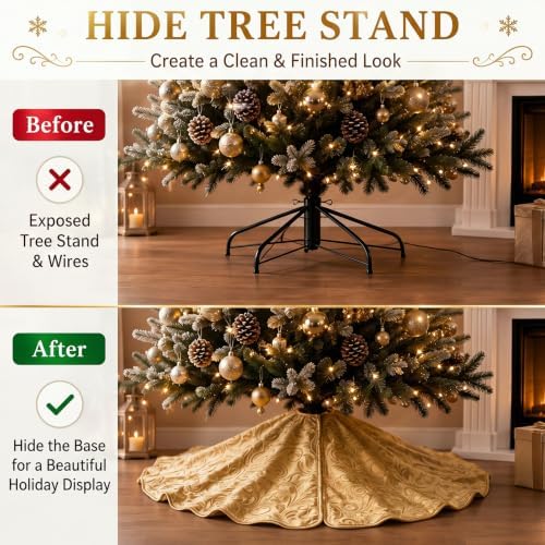 Velvet Christmas Tree Skirt Decor, 60 Inches, Scalloped Edge, Gold - Image 4