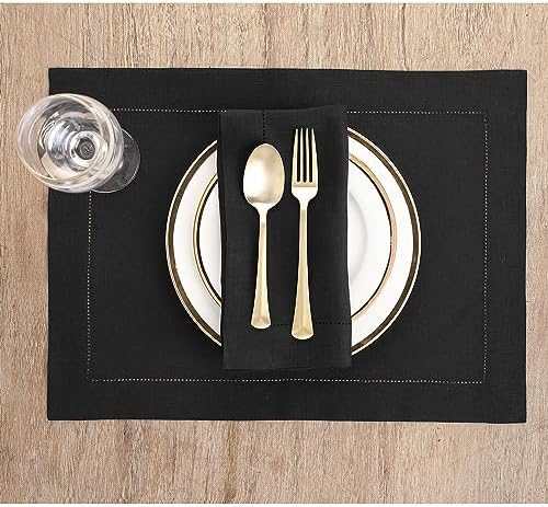 Solino Home 100% Pure Linen Placemats Black Hemstitch, 14 x 19 in, Set of 4 - Image 2