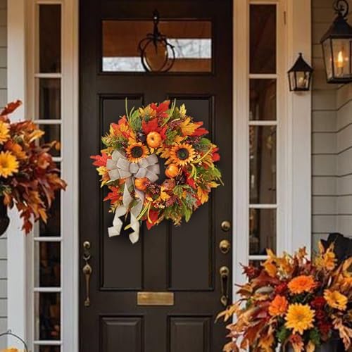 Fall Wreaths for Front Door Outside 24 Inch Autumn Wreath with Pumpkins, Sunflowers, Maple Leaves, Berries & Burlap Bow Fall Door Wreath, Autumn Wreaths for Front Door, Thanksgiving Halloween Decor - Image 6