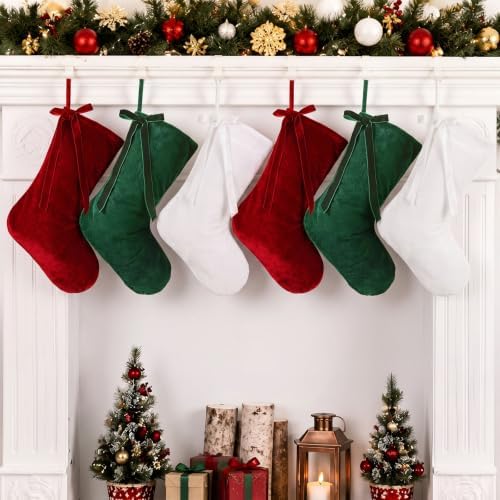 Leumoi 6 Pcs 18 Inch Farmhouse Velvet Christmas Stockings, Large Classic Multicolor Christmas Fireplace Stockings with Bow Country Rustic Velvet Hanging Decorations for Family Mantel Party Favors by Leumoi