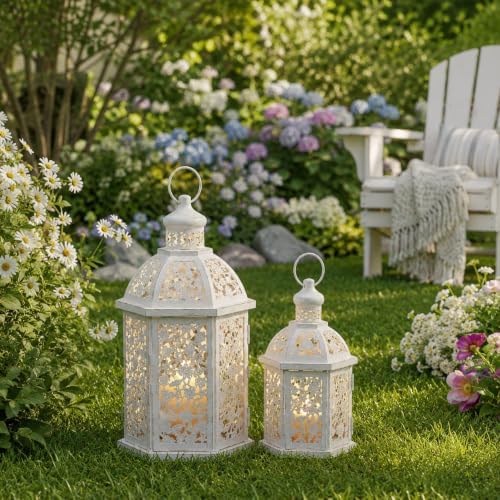 Lanterns Decorative Outdoor&Indoor, Set of 2 (15"&7") White Metal Lantern Decor, Candle Holder for Porch, Patio, Christmas, Balcony, Wedding, Table Centerpiece - Image 7