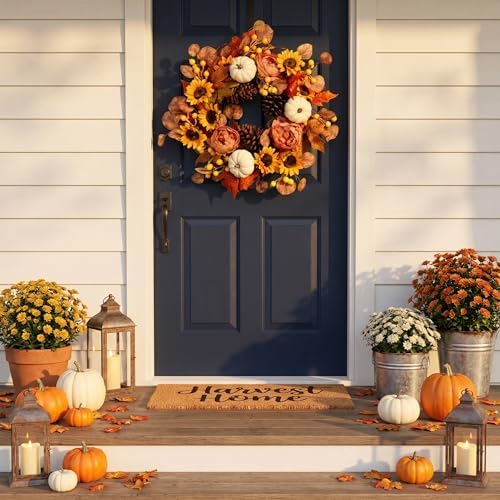 Artificial Fall Autumn Wreath 22 in with Sunflower,Peony,Pumpkin, Eucalyptus Leaf for Front Door Thanksgiving Wreaths Wall Window Harvest Festival Celebration - Image 2