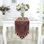 Embroidery Luxury Table Runner Jacquard Fabric Table Runner with Multi-Tassels for Dining Room Dresser Wedding Party Decorations, 13" x 62", Red - Image 2