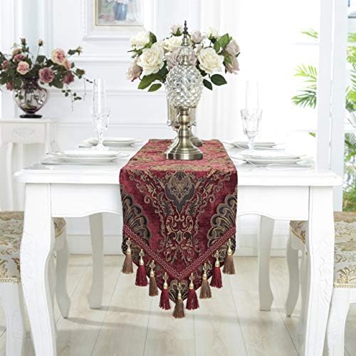 Embroidery Luxury Table Runner Jacquard Fabric Table Runner with Multi-Tassels for Dining Room Dresser Wedding Party Decorations, 13" x 62", Red - Image 2