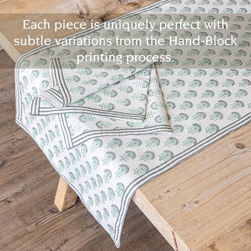 Over&Back 18x108 Hand-Blocked Printed Cotton Table Runner - Washable Table Runners for a Custom Home Decor Tablescape - Perfect for Coffee Table, Dinner Table, Living Room, and More - Green Flower - Image 3