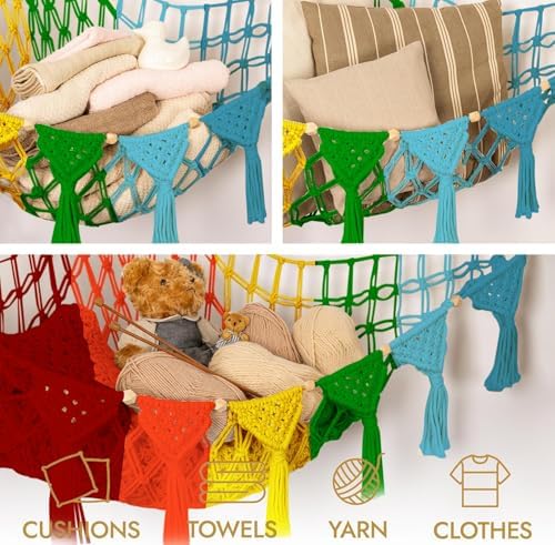 TIDYTEDS Macrame DreamLights Boho Animal Storage Net - Extra Large and Small Stuffed Animal Net or Hammock (Rainbow) - Image 6