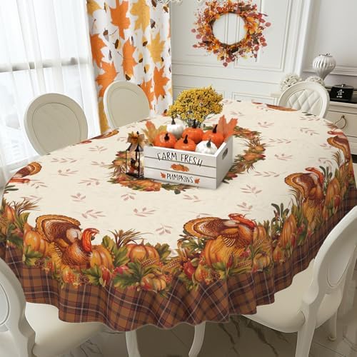 Thanksgiving Turkey Tablecloth Vintage Fall Pumpkin Table Cloth for Kitchen Decoration - 60" X 102" Oval - Image 3