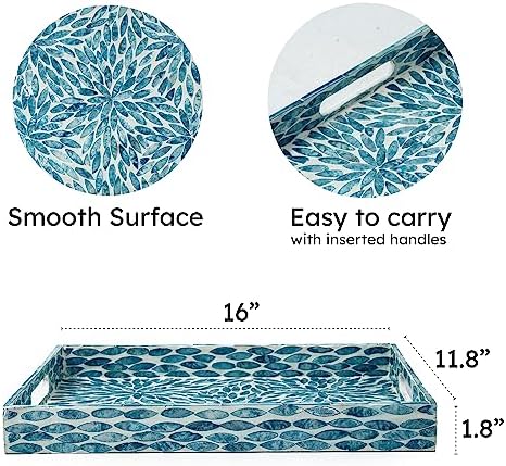 Serving Tray 15.7" X11.8", Lacquer Mother of Pearl Inlay Mosaic Tray, Rectangle Wooden Marble Tray with Handles Trays for Tea, Breakfast in Bed, Table (Flower Style) - Image 2