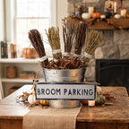 Pinkunn 7 Set Halloween Decor Broom Parking Sign with Wood Mini Witch Broom - Image 6