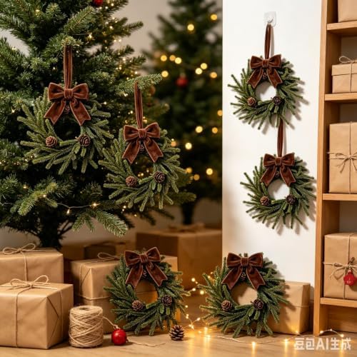 6 Set Classic Christmas Hanging Wreaths Small Artificial Cedar Wreaths with Brown Velvet Ribbon Pine Cones Mini Faux Greenery Wreath for Front Door Porch Cabinet Window Xmas Holiday Decorations - Image 4