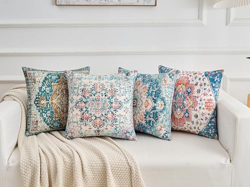 Throw Pillow Covers 20x20 Inch Set of 4 Washable BOHO Vintage Style Decorative Throw Pillow Cases Soft Velvet Square Farmhouse Decor Retro Cushion Covers for Couch Sofa Bed Living Room Outdoor - Image 5