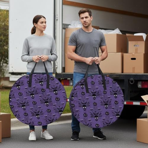 24 Inch Round Storage Bag 1 Pack,Happy Halloween Scary Pumpkin Skeleton Waterproof Wreath Storage Container with Handles&Zipper Purple Black Closet Organizer Bags Garland Box - Image 4