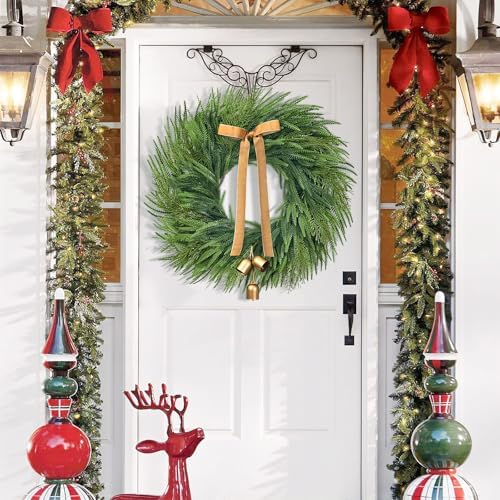 Christmas Wreath with Lights - 26" Real Touch Norfolk Pine Wreath, Large Christmas Wreath with Gold Bell & Bow for Mantle Wall Window Indoor Outdoor Decor - Image 3