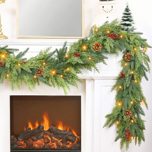 Thicker&Timer -6 Ft by 12 in Lighted Christmas Garland Real Touch Cedar Garland, Pre-Lit Lush Christmas Norfolk Pine Garlands Cypress Norfolk PE Tips Pine Cones Berries for Indoor Mantle Table Decor by TURNMEON