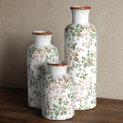 Brown and Green Ceramic Vase Set of 3, Vintage Botanical Vases for Decor by CheeryStow