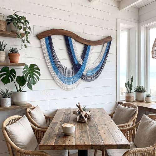 Navy Blue Macrame Wall Hanging Dip Dyed Yarn Wall Art, Modern Boho Decor - Image 6