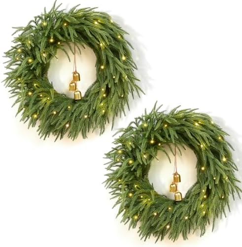 2 Pcs Real Touch Norfolk Pine Christmas Wreath with Lights & Burgundy Bow by Waipfaru