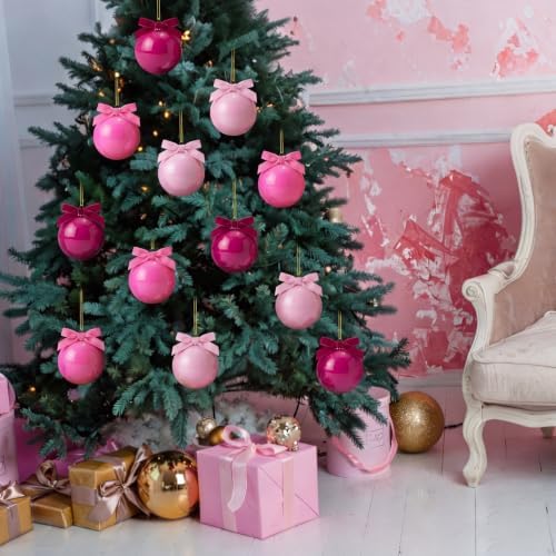 Hollowfly 9 Pcs 4 Inch Pink Glass Christmas Ornaments with Velvet Bow - Image 2