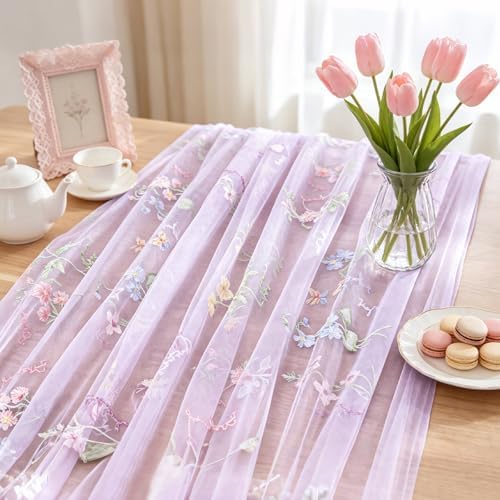 BINBE 12pcs Purple Florals Table Runner Embroidery Gauze 10FT Daisy Seasonal Tulle Birthday Wedding Holiday Kitchen Dining Table Decor for Home Party - Image 5