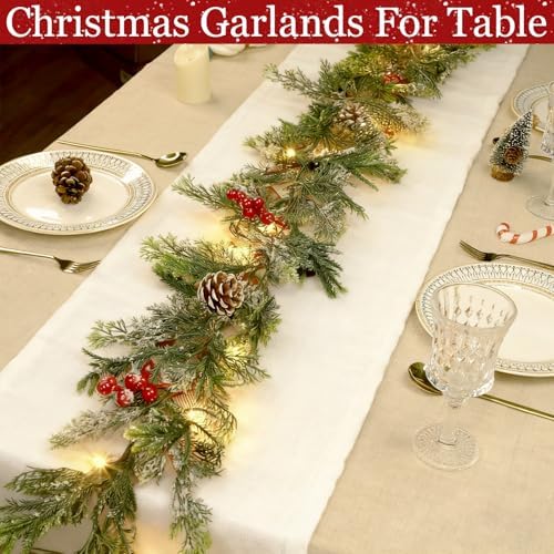 6FT Flocked Cedar Garland with Lights Timer, Prelit Christmas Garland Pinecones & Red Berries Warm White Lights, Lighted Cypress Garlands Battery Operated Christmas Decor Mantel Table Indoor Outdoor - Image 5