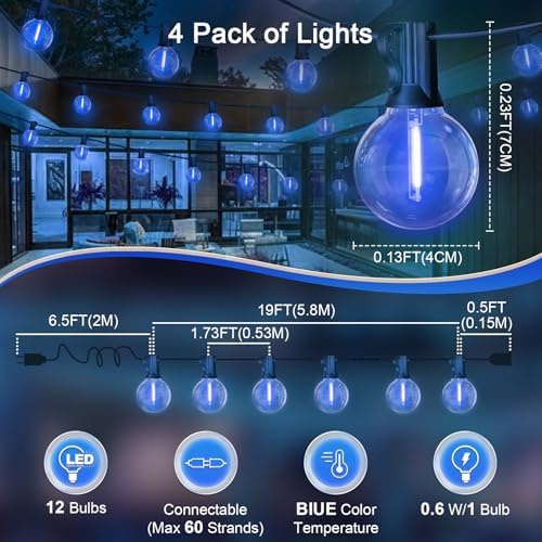 LAMPHOME LED Outdoor String Lights, 4 Pack 26FT Patio Lights with 12+1 Edison Shatterproof Bulbs(1 Spare), UL Waterproof Connectable Dimmable Outside Lights for Hanukkah, Backyard Porch Decor, Blue - Image 5