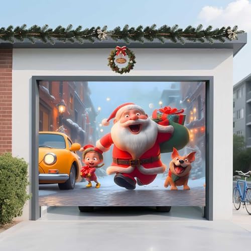 Christmas Garage Door Banner – Santa Claus, Little Girl & Cute Dog Carrying, Large Outdoor Holiday Mural for Garage, Yard & Porch Decor,8 x 7ft/2.4 x 2.1m - Image 4