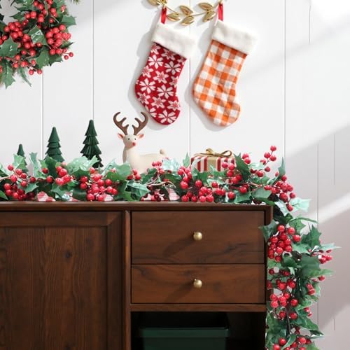 Uguisu 2pcs 5.6ft Red Artificial Christmas Garland,Eucalyptus Green Garland with Berry Flower Clusters,Artificial Vines for Fireplaces,Dining Tables,Christmas Parties - Image 3