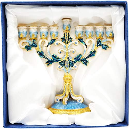 The Dreidel Company Hand-Painted Enamel Metal Menorah with Blue, White, Gold and Green Jeweled Accents, 6" Inches - Image 5