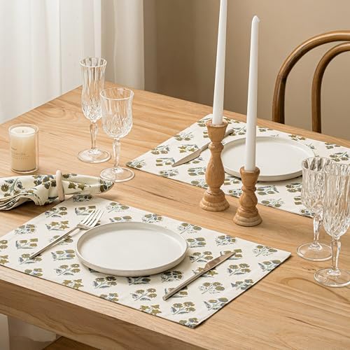 Block Print Floral Decorative Placemats Set of 6, Brown - Image 3