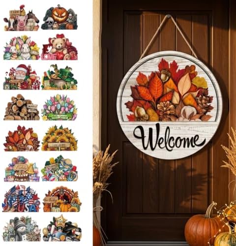 16 Pcs Interchangeable Front Door Welcome Sign, Magnetic Wood Hanging Decor by NEWHOUSEHOLDTOOLECOLOGY
