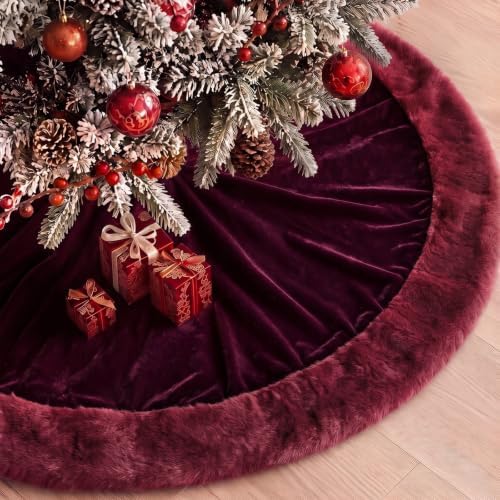 Skylety 48" Velvet Christmas Tree Skirt with Faux Fur Trim,Burgundy Red by Skylety