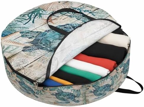 Ocean Turtle Round Storage Bag 24 Inch, Retro Coral Starfish Anchor Coastal Wood Clothes Storage Container with Handles Heavy Duty Organizer for Comforter, Bedding & Holiday Wreaths by Unknown