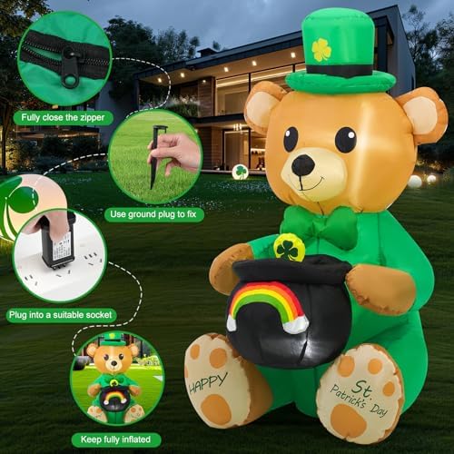 HZGDEJTG 4ft Bear Holding a Honey vat St. Patrick's Day Outdoor Inflatable Decoration with Built-in LED Lights, Suitable for Holiday Parties, Lawn, Patio Outdoor Decoration - Image 6