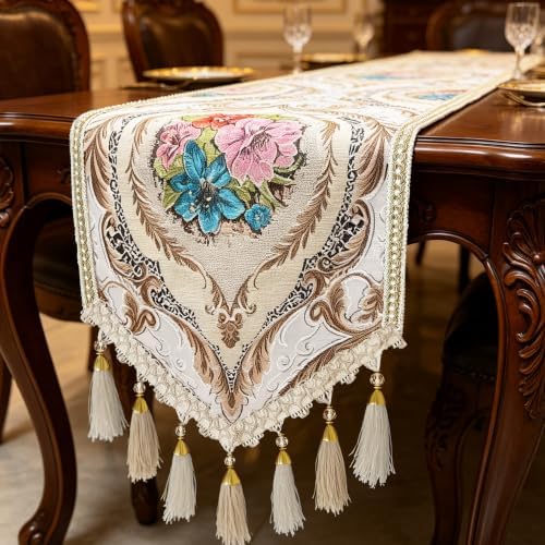 Vintage Jacquard Table Runners 94" White French Floral with Multi-Tassels by HeMiaor