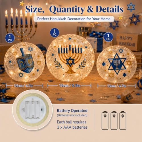 Capoda Hanukkah Decorations, 3 LED Glass Orbs, Judaica Centerpieces - Image 2
