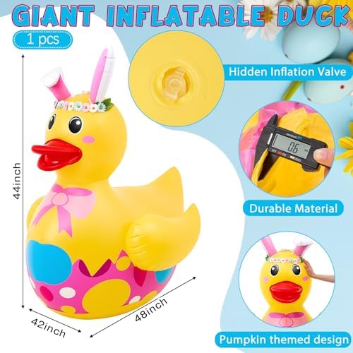 Hungdao 1 Pc 4 ft Easter Inflatable Duck Float Large Blow up Ducks Giant Rubber Duckies with Bunny Ears for Easter Party Decorations Prop Pool Yard Decoration,air Pump Not Included - Image 3