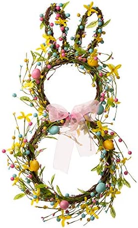 Glitzhome 24.8”H Easter Bunny Spring Wreath with Ribbon Bow Easter Eggs for Front Door Wall Decoration Easter Rabbit Garland with Colored Eggs Berries Wall Front Door Easter Decoration - Image 2