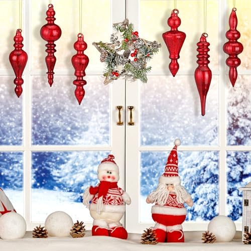 Soaoo 6 Pcs 6.3 in Red Mercury Glass Finial Christmas Ornaments - Image 4