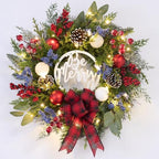 Prelit Christmas Wreath for Front Door Outside,22 inch Be Merry Wreath with red Black Buffalo Plaid Bow,Lighted Farmhouse Christmas decoration-30 LED Light/Timer,Winter Door Wreath, Porch Decor by Vofuly