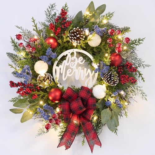 Prelit Christmas Wreath for Front Door Outside,22 inch Be Merry Wreath with red Black Buffalo Plaid Bow,Lighted Farmhouse Christmas decoration-30 LED Light/Timer,Winter Door Wreath, Porch Decor by Vofuly