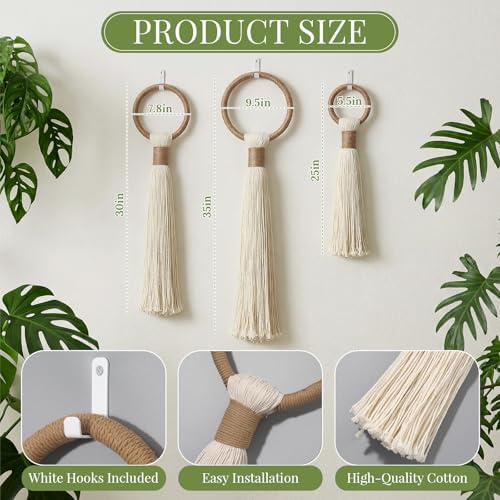 Tegeme 3 pcs Macrame Wall Hanging decor, Ring Tassel, Beige, Wire - Image 2