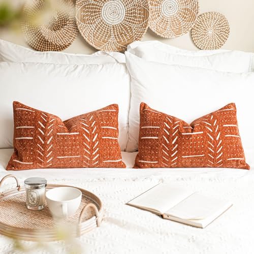 BlissBlush Decorative Lumbar Throw Pillow Covers 12X20 Set of 2, Brick Red Rust Boho Farmhouse Cushion Cover, Soft Accent Pillowcase for Couch Sofa Bed Living Room Home Décor - Image 6