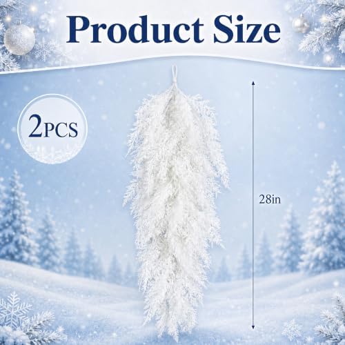 2 Pcs White Christmas Pine Door Swag, 28'' Artificial Cedar Teardrop Swag - Image 2
