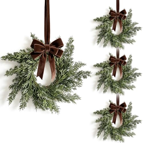 6 Pcs Small 4th of July Hanging Wreaths for Cabinets Patriotic Mini Candle Ring Wreath with Red White Blue Flowers (4, Winter Greenery Cedar Dark Brown Bow) by Unknown